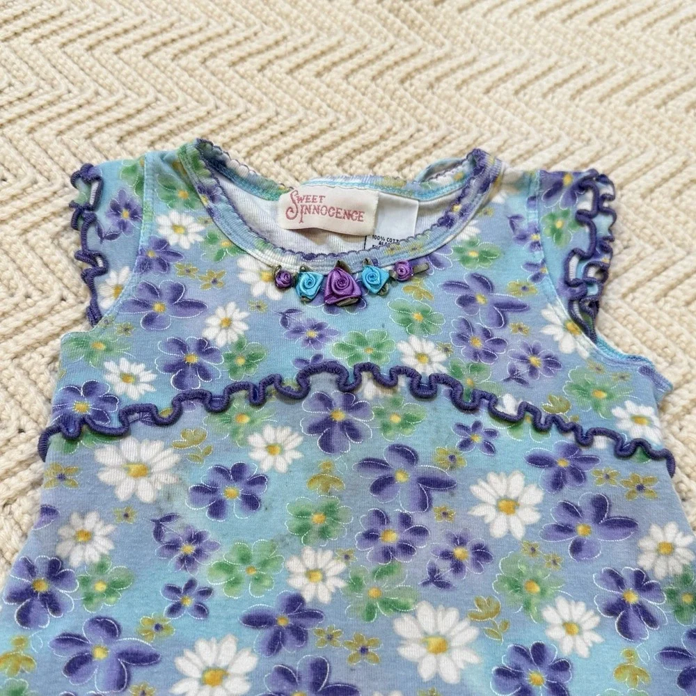 Sweet Innocence‎ Y2K Ruffle Dress Size 2T Purple Blue Daisies Tie Back Summer
